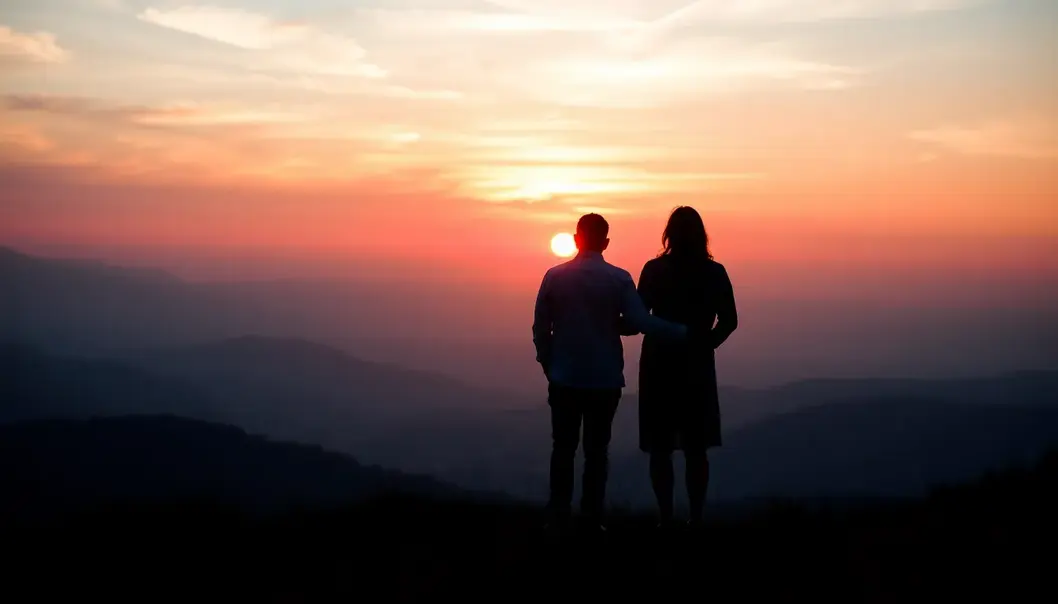 A couple standing together on a hilltop, looking at a sunrise representing new beginnings.