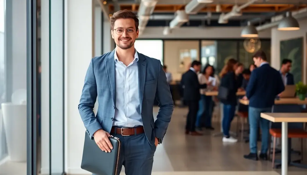 Freelancer in smart casual outfit at co-working space.