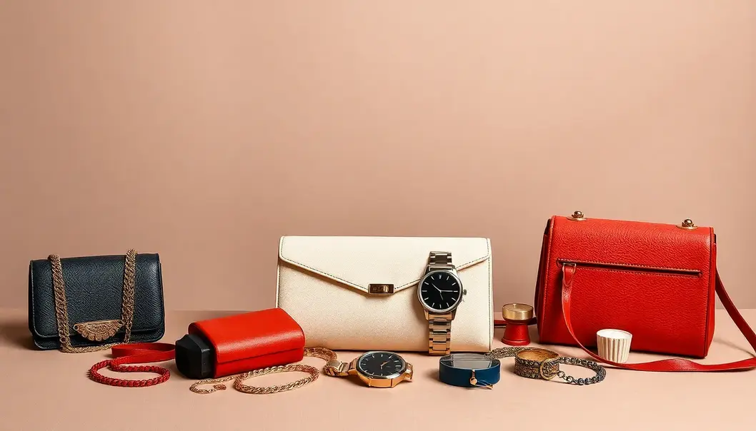A selection of watches, necklaces, and handbags displayed elegantly.