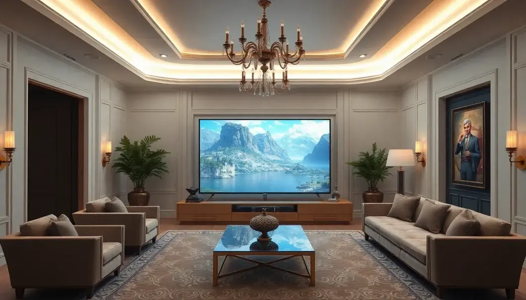 Luxurious room with a large screen displaying a stunning video game.