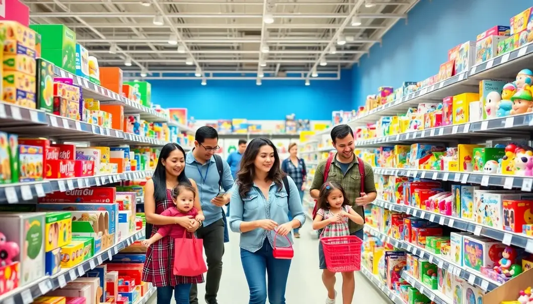 Parents browsing a modern toy store with various colorful toys on display, creating a cheerful and playful environment.