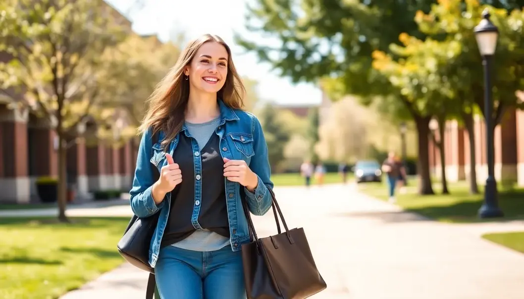 Young mother in stylish postpartum clothing walking on a sunny campus.
