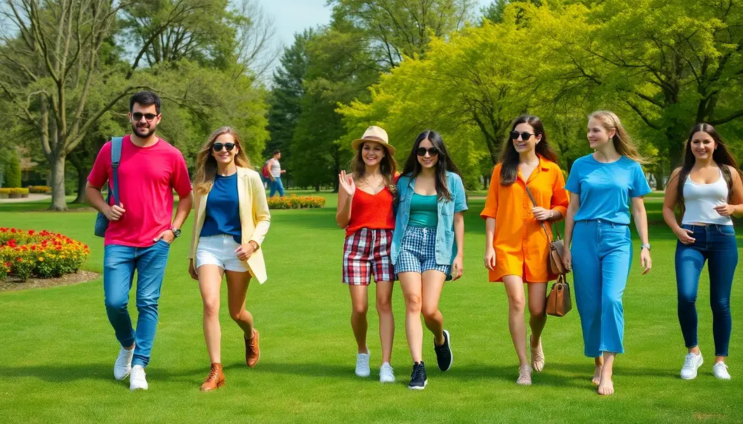 A group of friends in a park, dressed in colorful, comfortable weekend outfits.