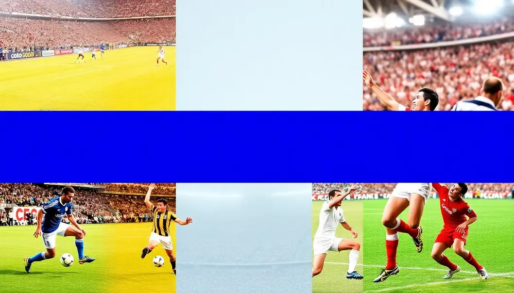 A collage depicting iconic World Cup moments with players like Pele and Zidane in action.